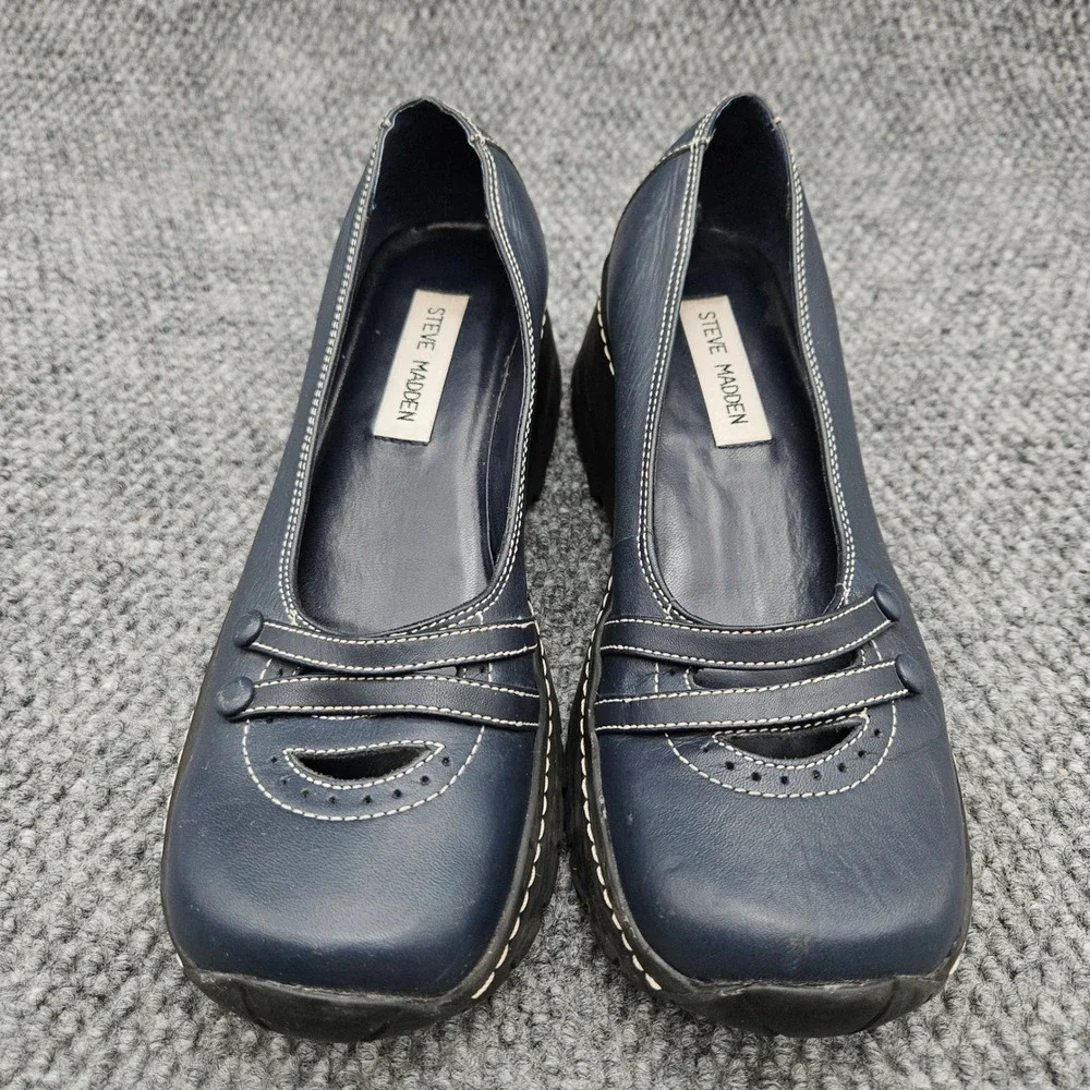 Steve Madden (Women's 7 B) Navy Blue Gily Platform Wedge Mary Jane Shoe Y2K VTG